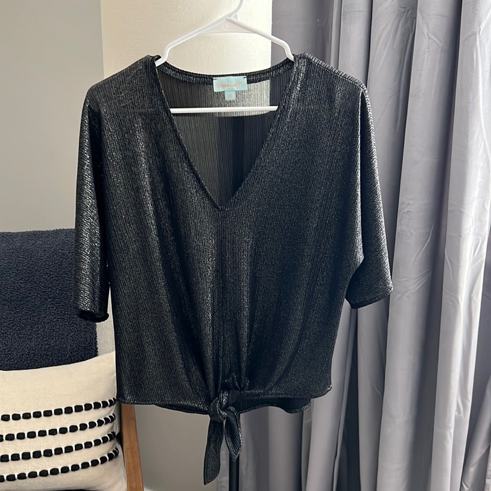 VERONICA M. | black and silver tie front blouse